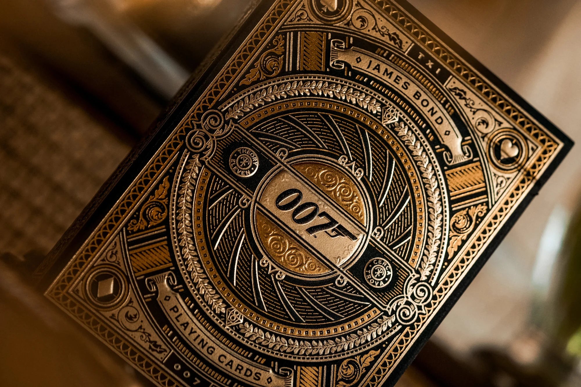 James Bond 007 Playing Cards by Theory11 — tuck box front view with intricate design.