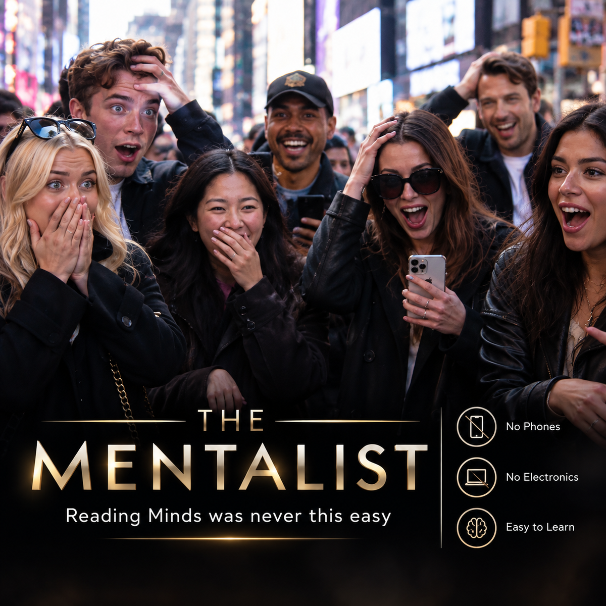 A group of surprised and excited people standing in a city street, with large promotional text reading 'THE MENTALIST' and the tagline 'Reading Minds was never this easy.' A vertical blurred censor block covers the center of the group.